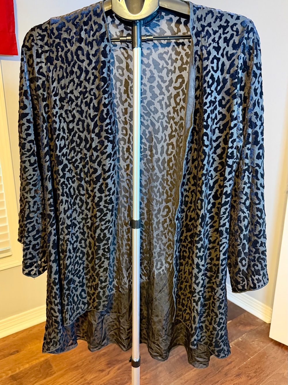 Lucky & Blessed Sheer Leopard-Print Open Cardigan - Black/Gray